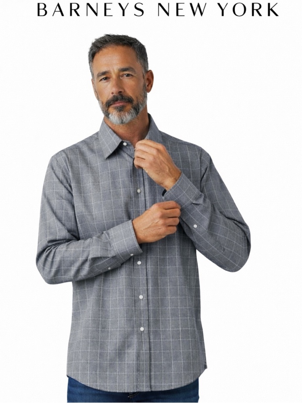 Barneys New York Grey Glen Plaid‎ Windowpane Cotton Button Down Shirt Mens 16 L